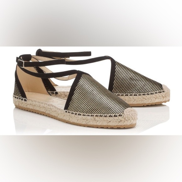 NEW Jimmy Choo Donna Metallic Striped Strappy Gold Black Espadrille Sandal 8.5 - Picture 3 of 16